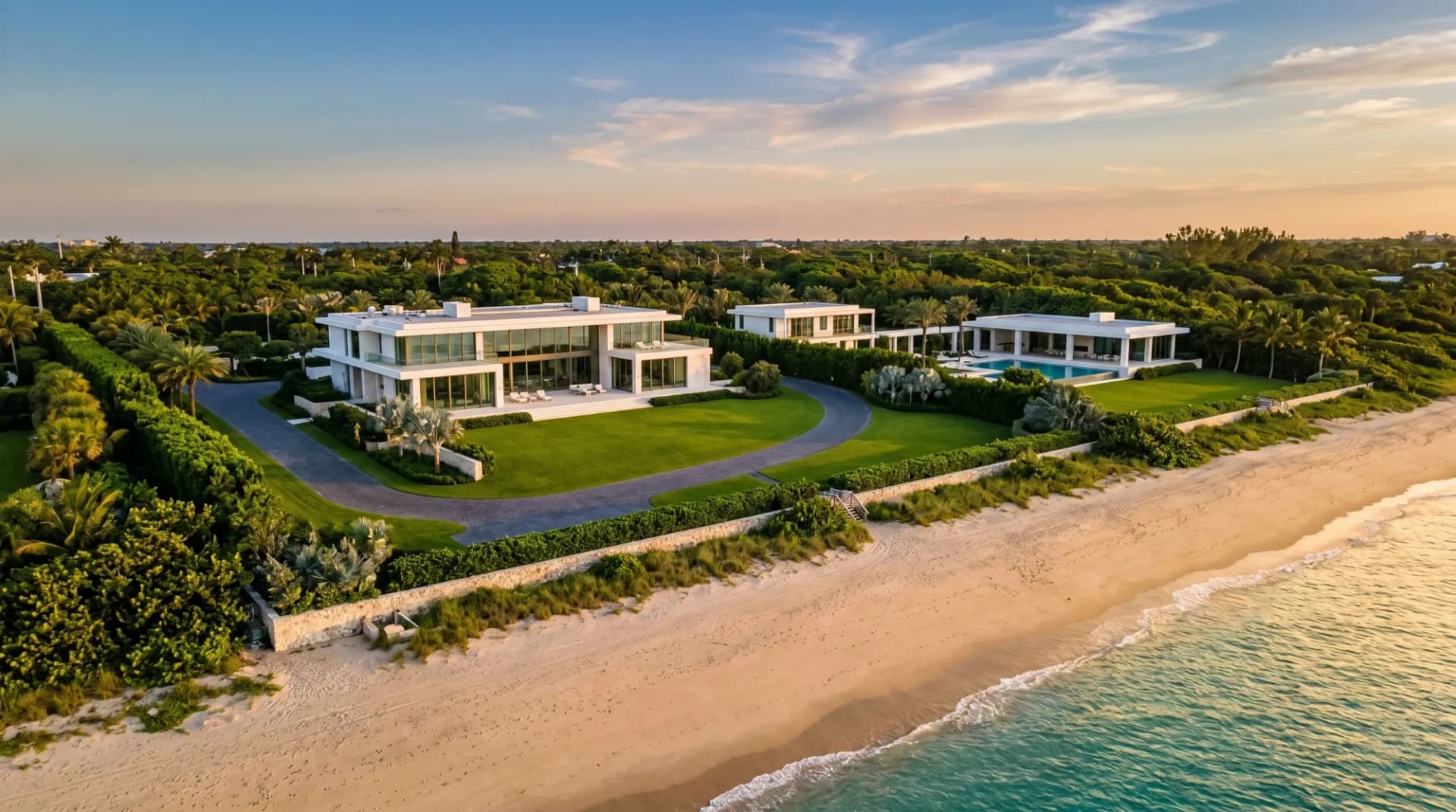 Aerial view of a multi-parcel oceanfront compound at golden hour — the kind of three-lot assembly that defines the $100M+ residential market.