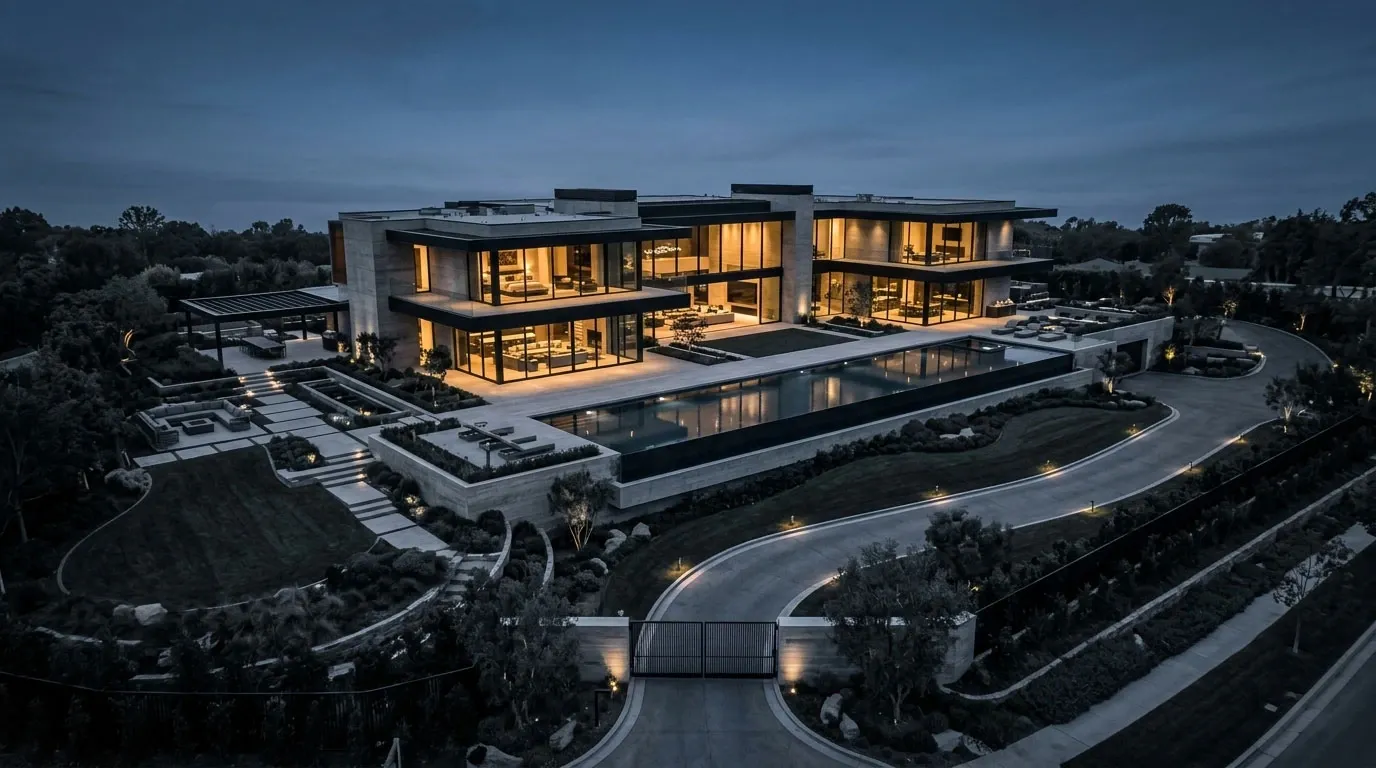 Aerial view of a sprawling modern luxury estate at dusk with glowing interior lights and an infinity pool