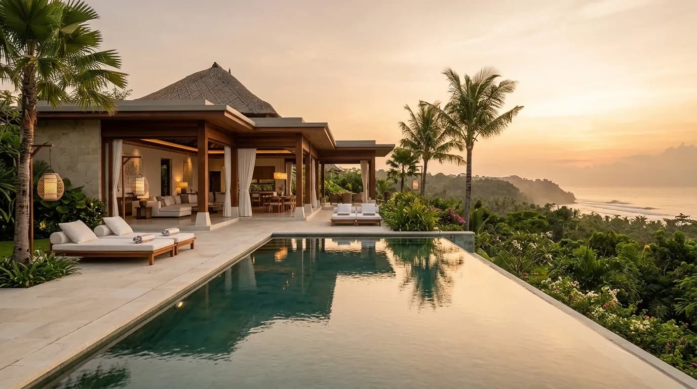 Open-air luxury villa with an infinity pool overlooking jungle and ocean at golden hour in Bali, Indonesia