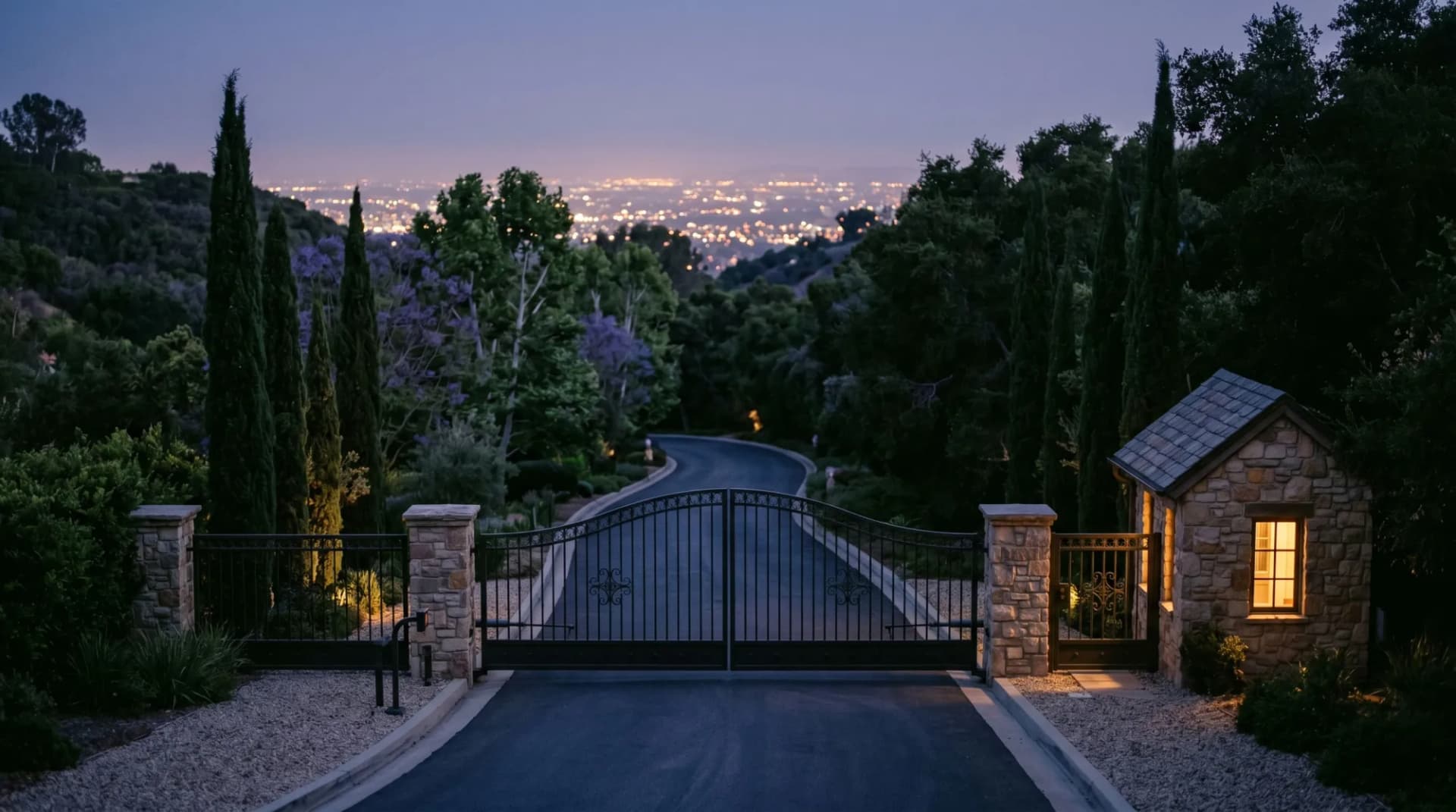 Guarded gate entrance to a private hillside community in Los Angeles at twilight.