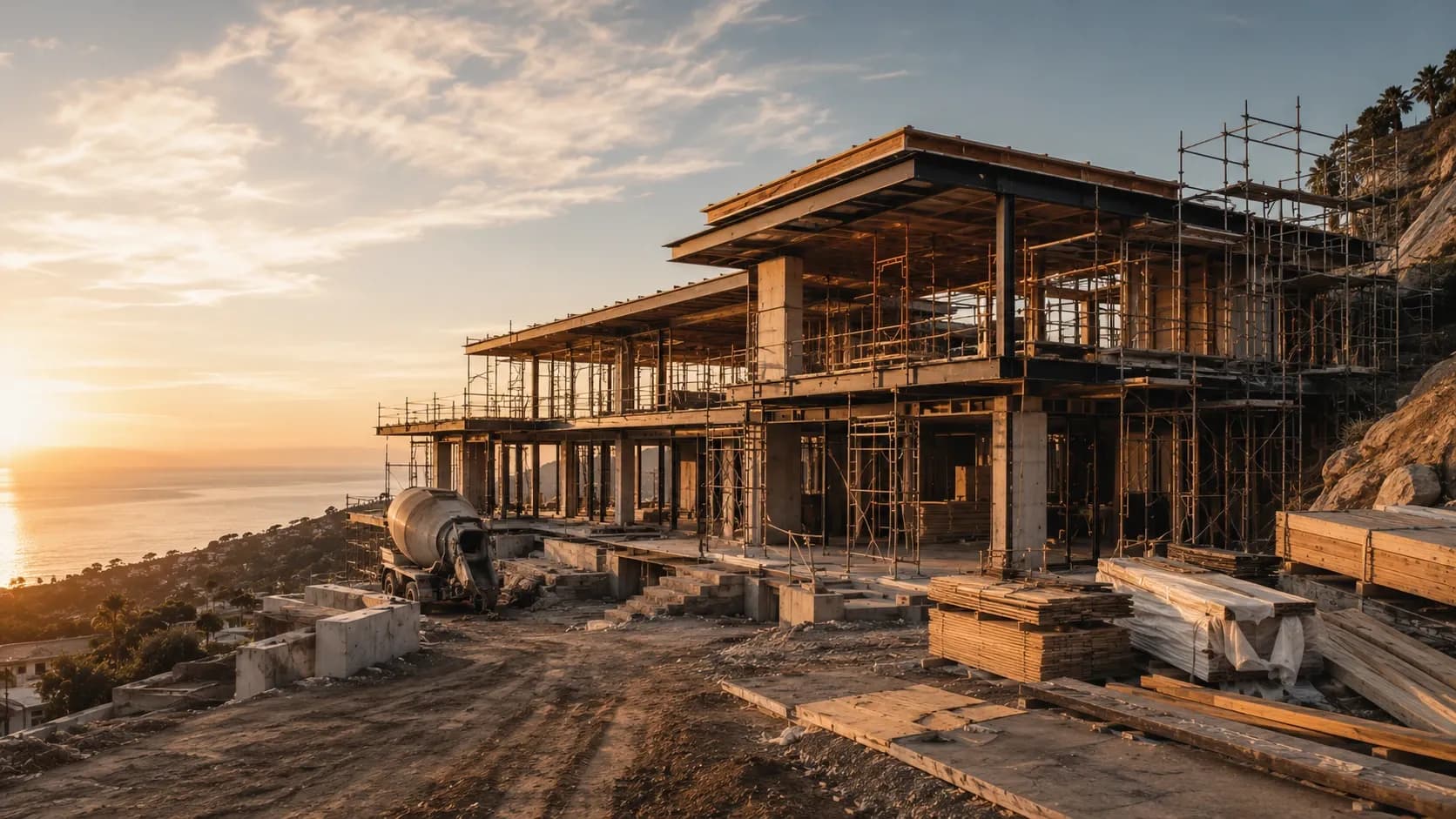 Luxury modern mansion under active construction at golden hour, structural frame and scaffolding visible on a hillside lot above the ocean