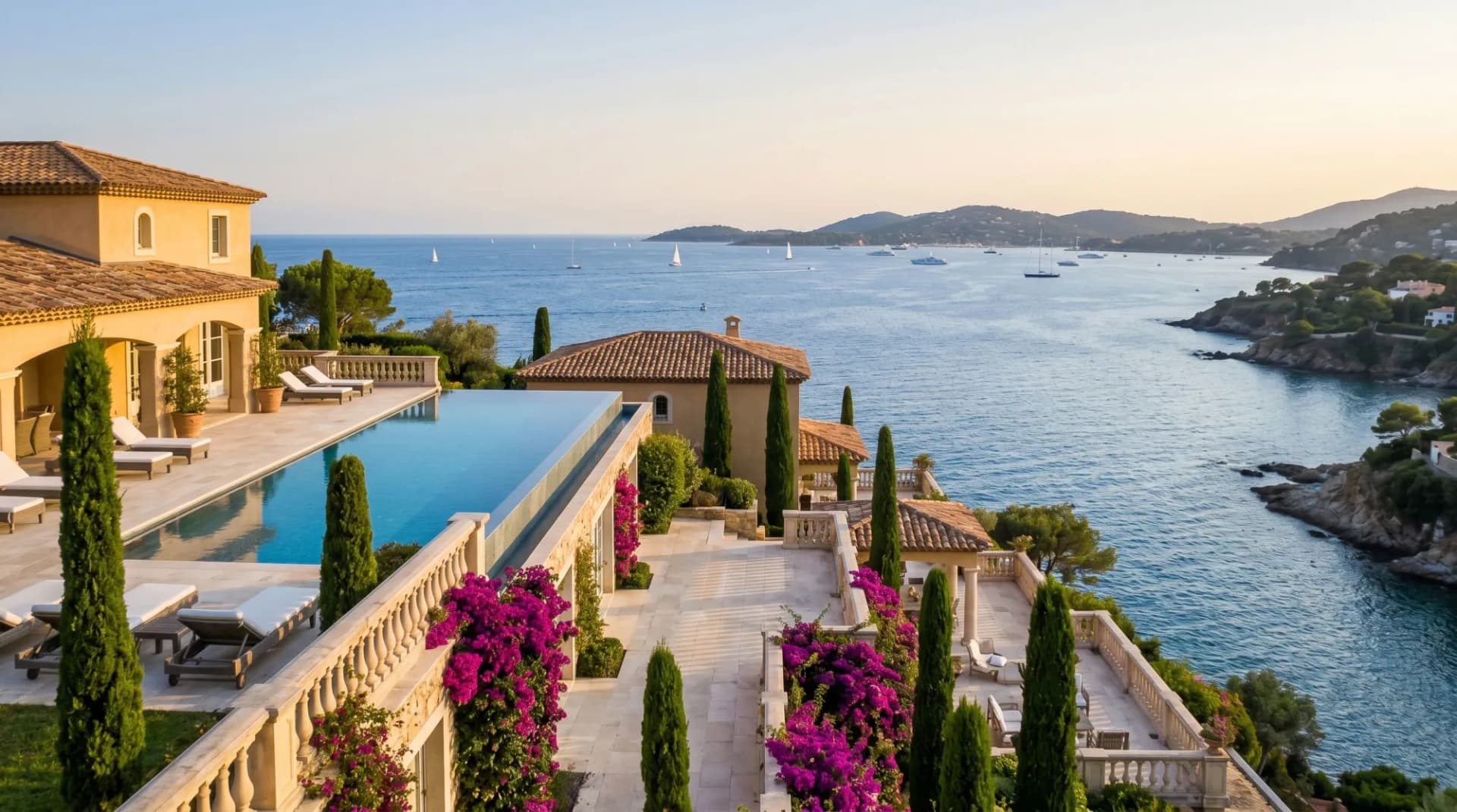 Luxury villa terrace with an infinity pool overlooking the Mediterranean Sea on the French Riviera at golden hour