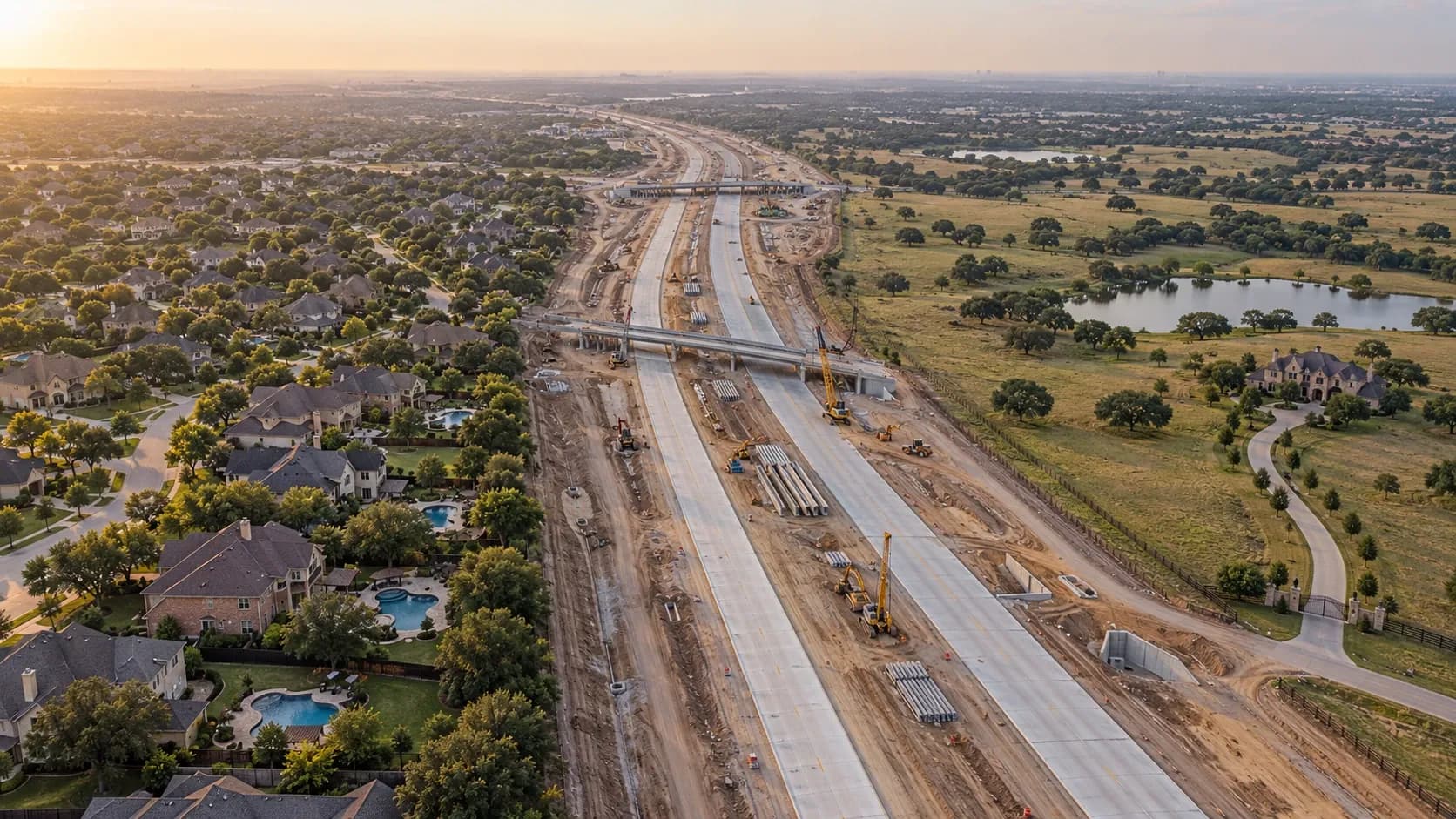 Aerial view of North Texas suburbs giving way to open acreage across a highway under construction, illustrating the Frisco, Prosper and Celina luxury corridor.