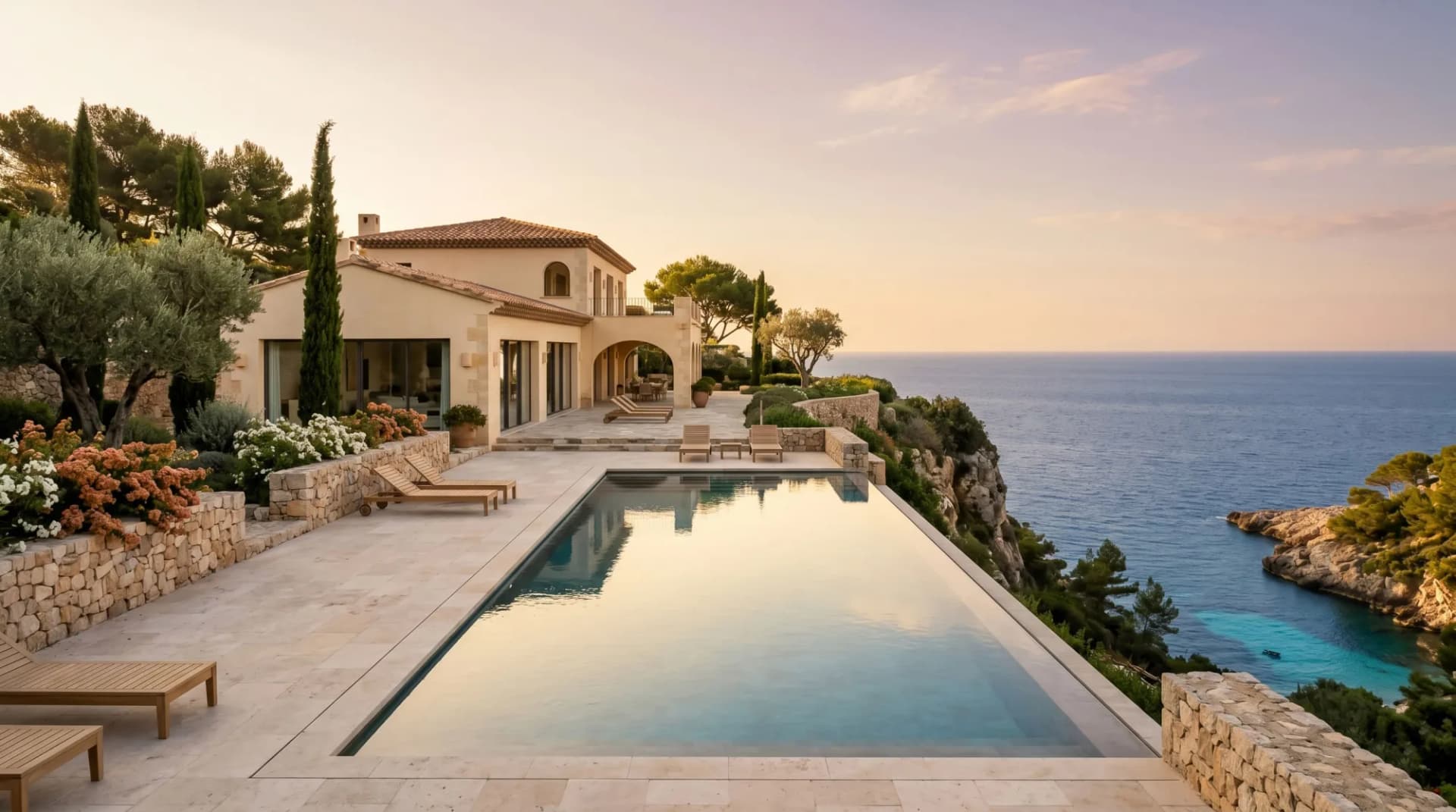 Mediterranean clifftop villa at golden hour with infinity pool overlooking the sea — the kind of luxury vacation rental this guide explains how to book.