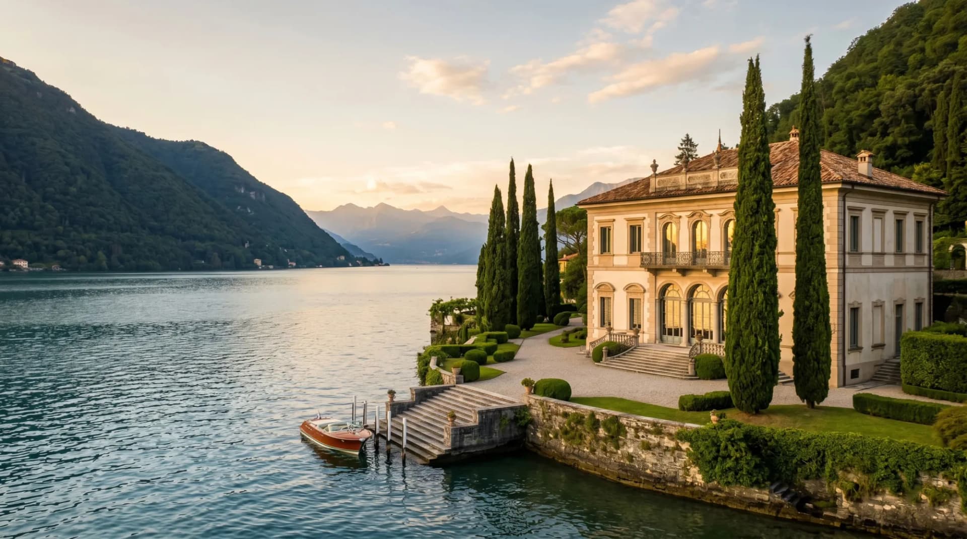 A baroque Italian villa on Lake Como at golden hour, with cypress trees and clipped gardens leading down to a private pier where a wooden boat is moored.