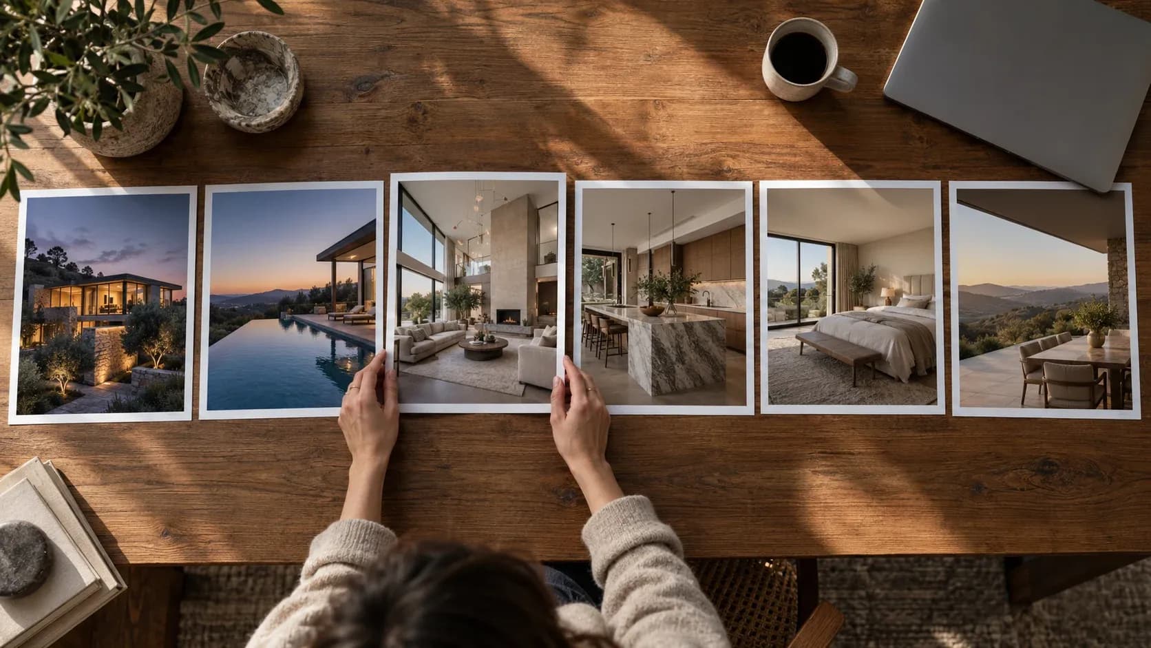 Overhead view of a person arranging six printed photos of a luxury hillside home in a row on a wooden table, like slides in an Instagram carousel.