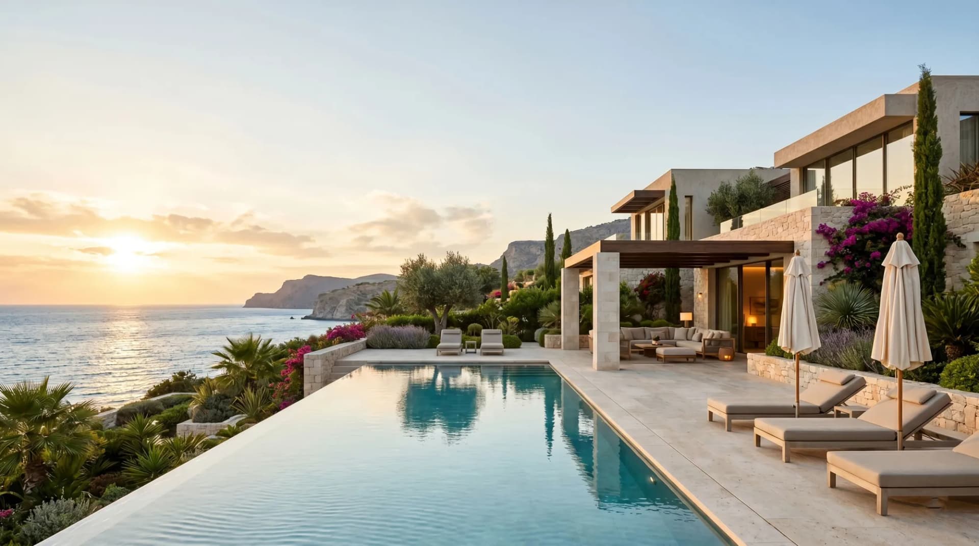 Luxury private villa with an infinity pool overlooking the sea at golden hour, illustrating a guide to what villa rentals really cost.