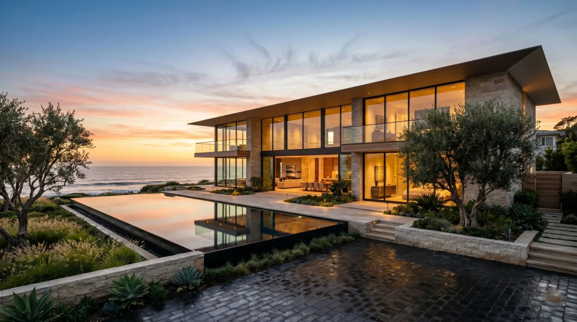 Modern oceanfront luxury estate at golden hour with infinity pool overlooking the Pacific — the kind of trophy property top luxury agents compete to list.