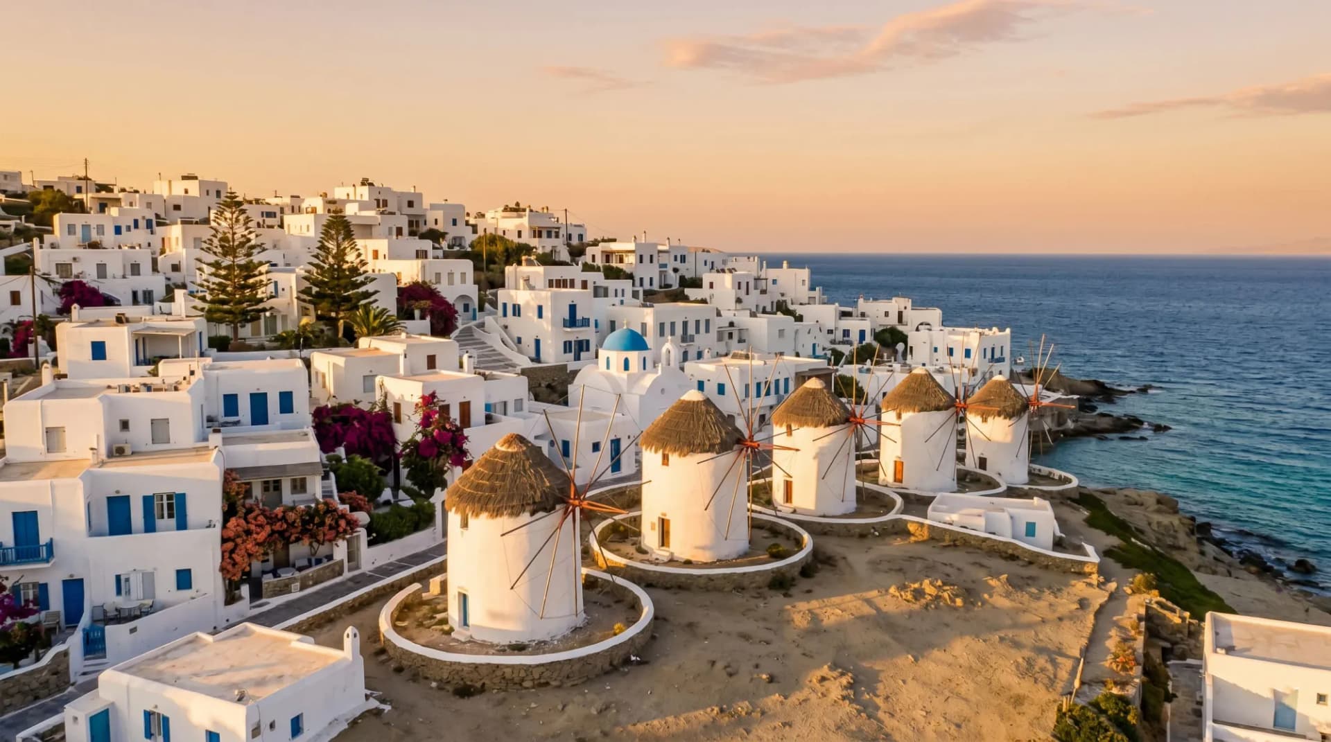 Mykonos Town and the Kato Mili windmills at golden hour with whitewashed Cycladic houses stacked above the Aegean — the destination this guide explains how to book.