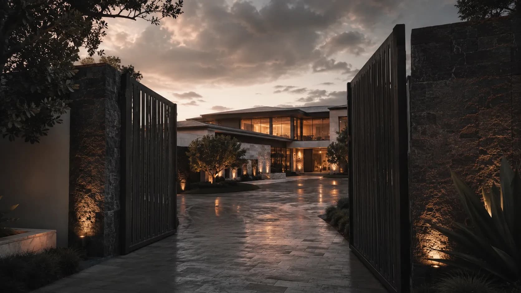 Grand modern luxury estate seen through a partially open private gate at dusk