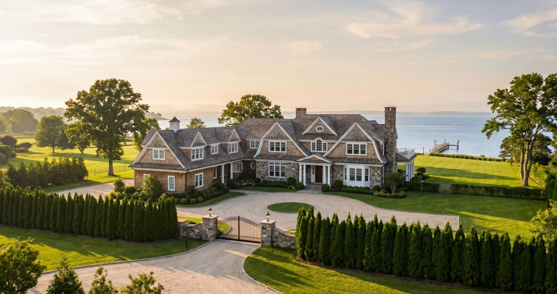 Ultra-luxury shingle-and-stone waterfront estate at golden hour, with a gated gravel motor court, manicured hedgerows, and a private dock on the Long Island Sound beyond — the architectural language of the Tri-State Gold Coast.
